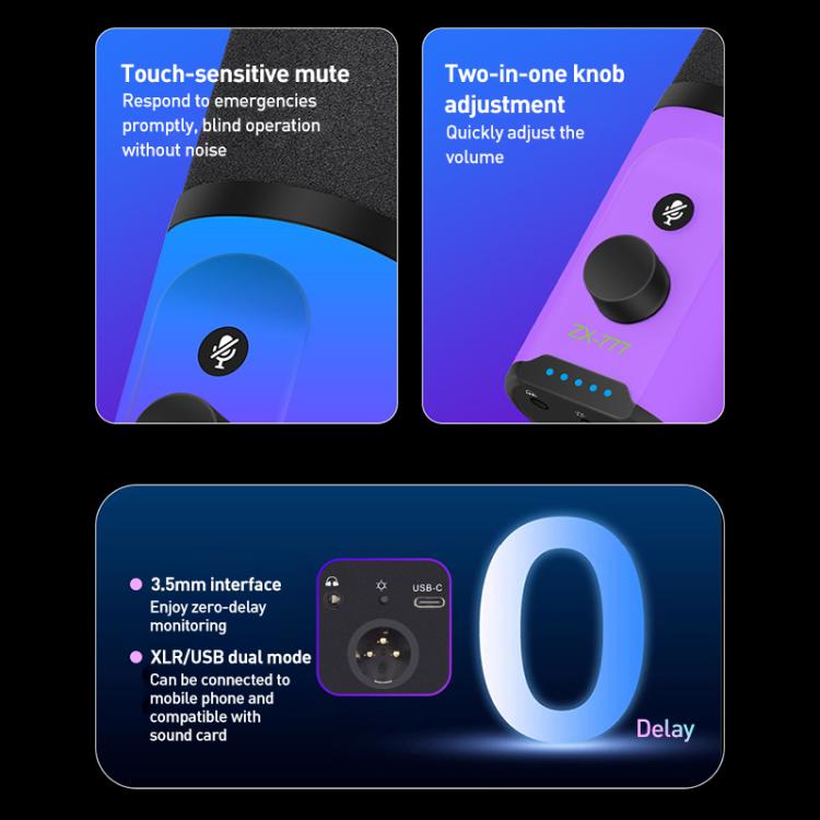 XTUGA ZX-777 XLR / USB-C Dynamic Microphone RGB Light Noise Reduction for Live