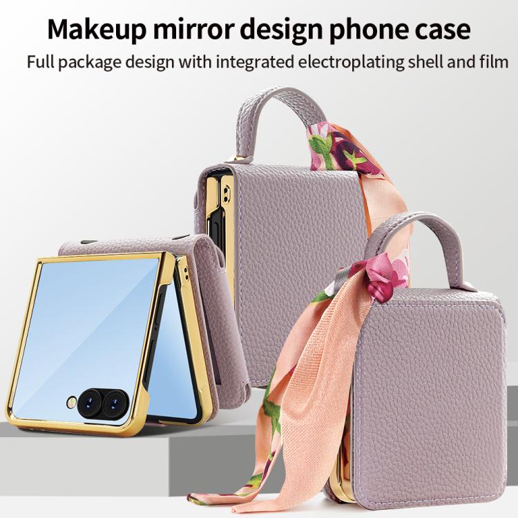 Litchi Pattern Makeup Mirror PU Phone Case with Silk Scarf