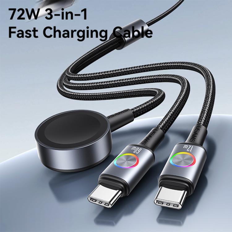 USAMS SJ754 72W 3 in 1 Colorful Light Aluminum Alloy Fast Data Charging Cable, Length: 1.2m