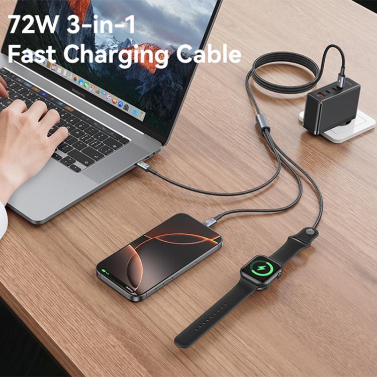 USAMS SJ754 72W 3 in 1 Colorful Light Aluminum Alloy Fast Data Charging Cable, Length: 1.2m