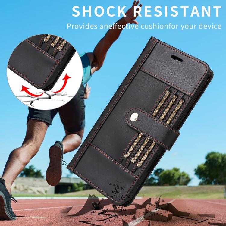 Six Card Slots Buckle Leather Phone Case with Lanyard