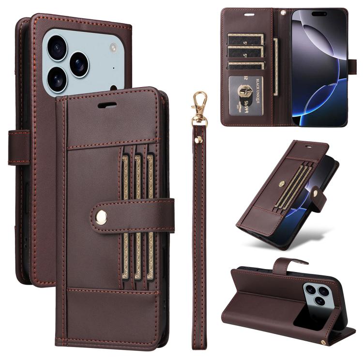 Six Card Slots Buckle Leather Phone Case with Lanyard