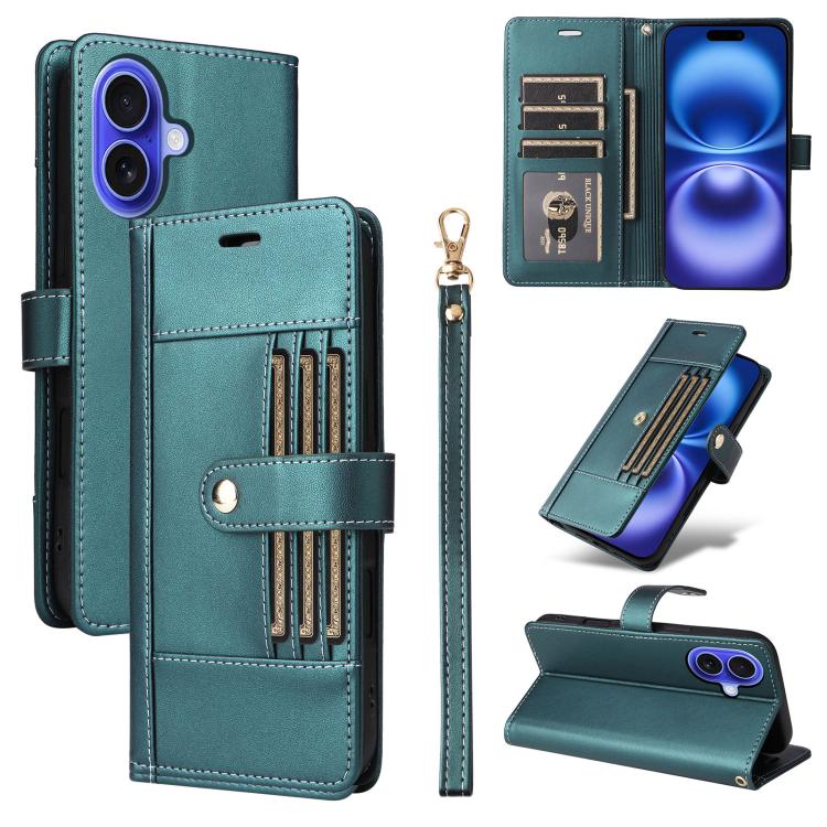 Six Card Slots Buckle Leather Phone Case with Lanyard