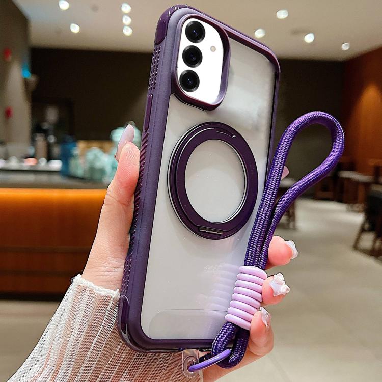 Solid Color Edge Transparency Rotation Holder MagSafe Phone Case with Wrist Strap, For Samsung Galaxy S25 Edge 5G, For Samsung Galaxy S25 / S24 5G, For Samsung Galaxy S25+ / S24+ 5G, For Samsung Galaxy S25 Ultra / S24 Ultra 5G