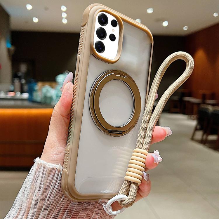 Solid Color Edge Transparency Rotation Holder MagSafe Phone Case with Wrist Strap, For Samsung Galaxy S25 Edge 5G, For Samsung Galaxy S25 / S24 5G, For Samsung Galaxy S25+ / S24+ 5G, For Samsung Galaxy S25 Ultra / S24 Ultra 5G