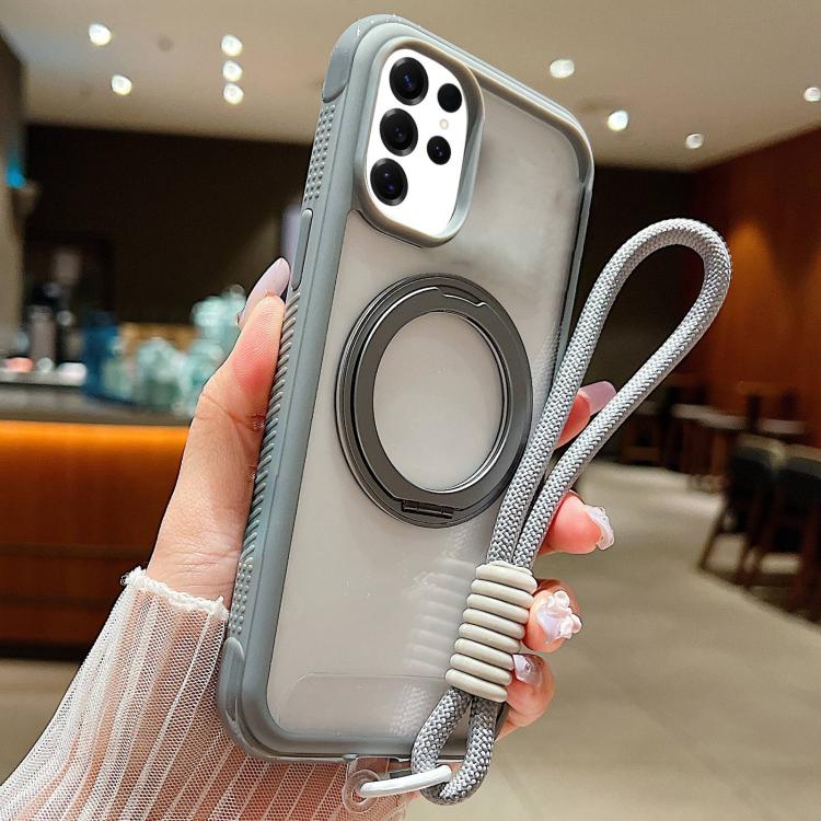 Solid Color Edge Transparency Rotation Holder MagSafe Phone Case with Wrist Strap, For Samsung Galaxy S25 Edge 5G, For Samsung Galaxy S25 / S24 5G, For Samsung Galaxy S25+ / S24+ 5G, For Samsung Galaxy S25 Ultra / S24 Ultra 5G