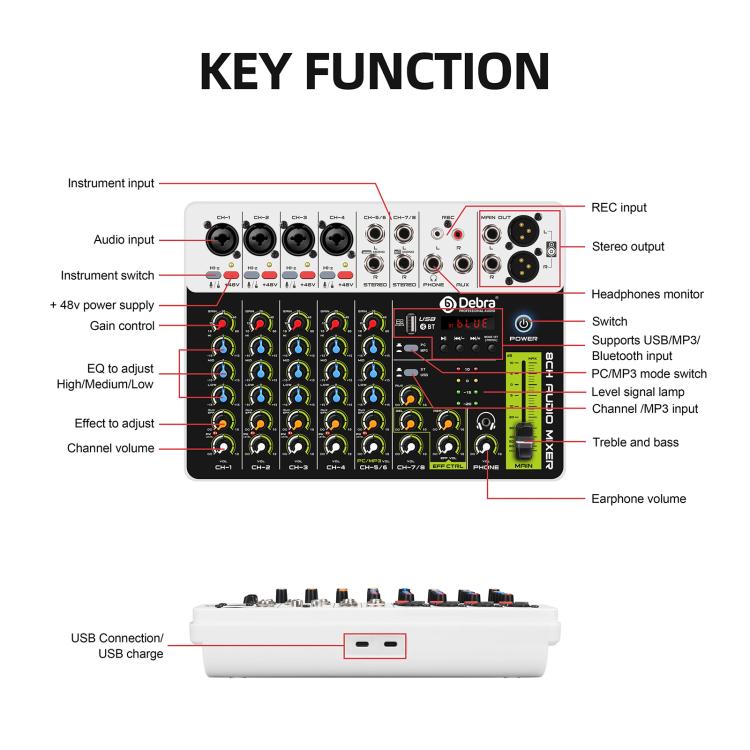 DEBRA V8 8-Channels Audio Mixer Live Recording Reverb