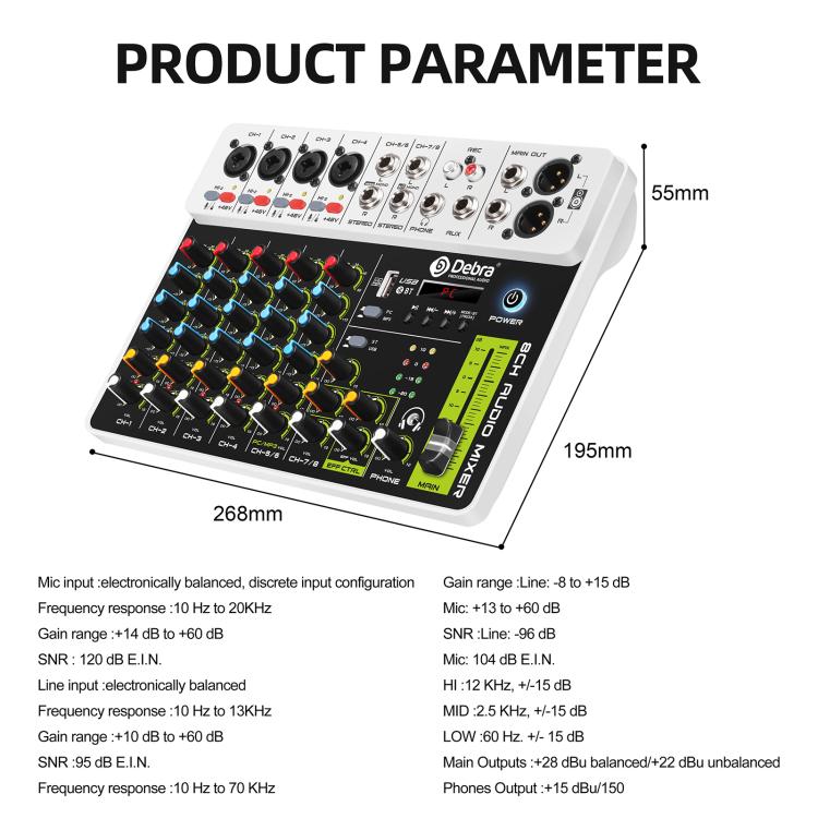 DEBRA V8 8-Channels Audio Mixer Live Recording Reverb