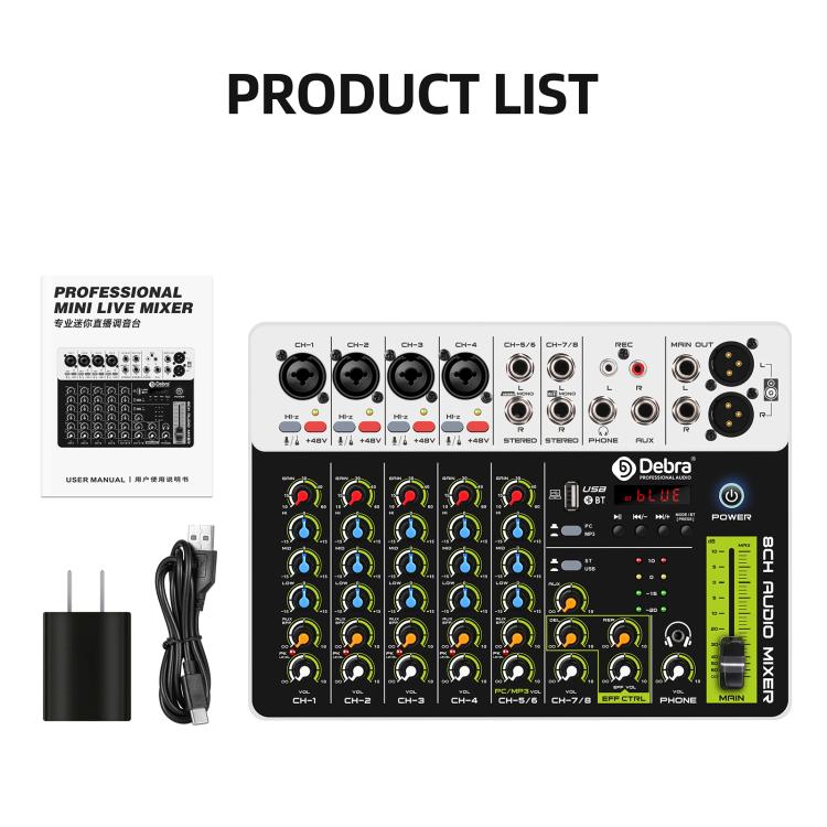 DEBRA V8 8-Channels Audio Mixer Live Recording Reverb