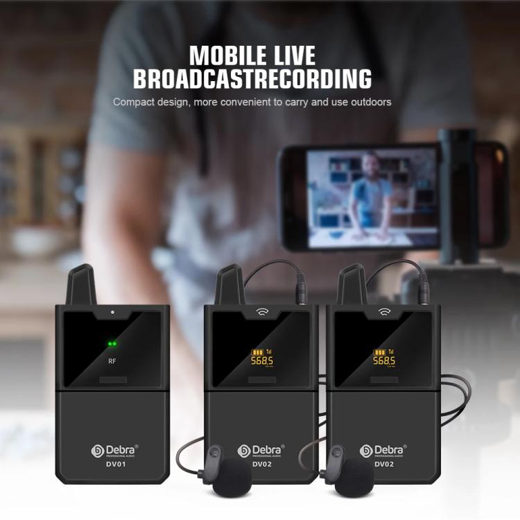 DEBRA DV-02 Wireless Lavalier Microphone TX & 2RX Outdoor Interview Live Broadcast