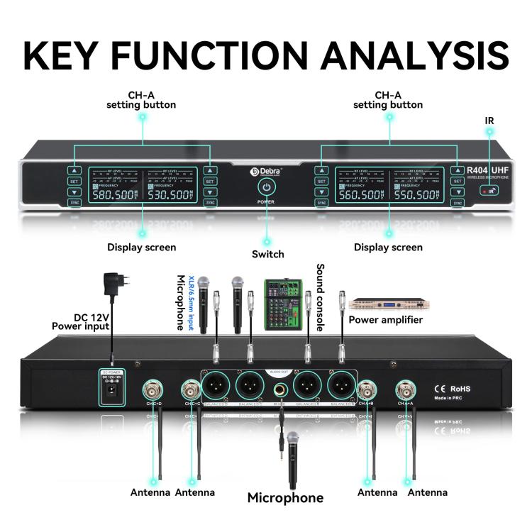 DEBRA R404 UHF Wireless Microphone 4-in-1 Professional Stage Performance Conference Handheld Mic