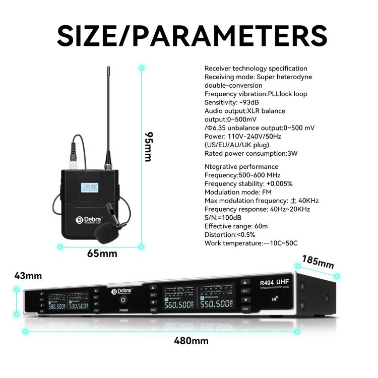 DEBRA R404 UHF Wireless Microphone 4-in-1 Professional Stage Performance Conference Handheld Mic