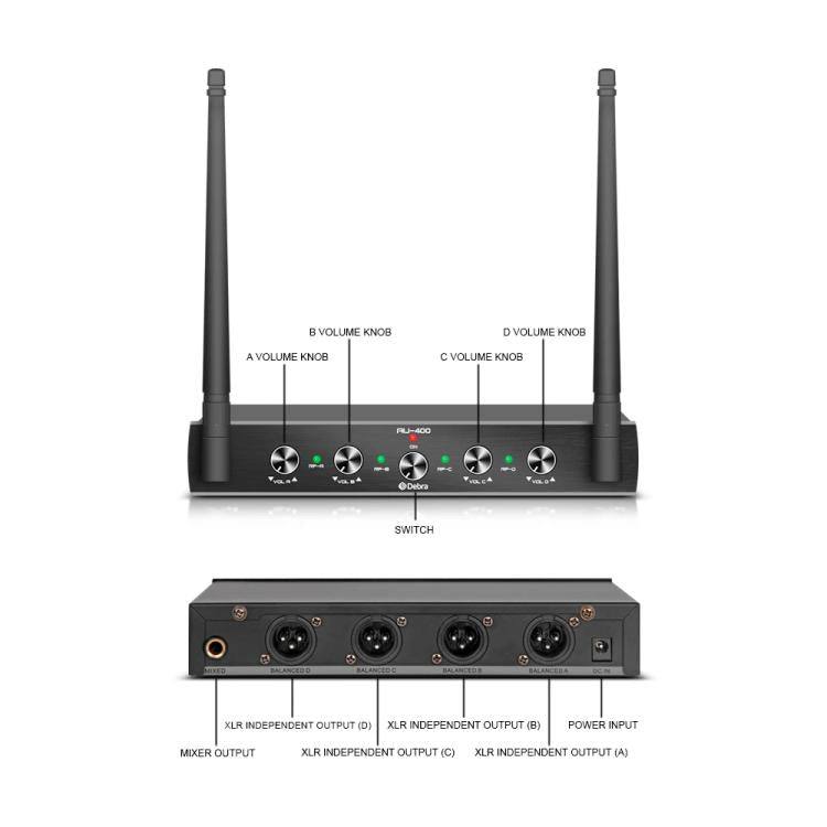 DEBRA AU-400 UHF Wireless Microphone System 4-in-1 for Performance Conference KTV