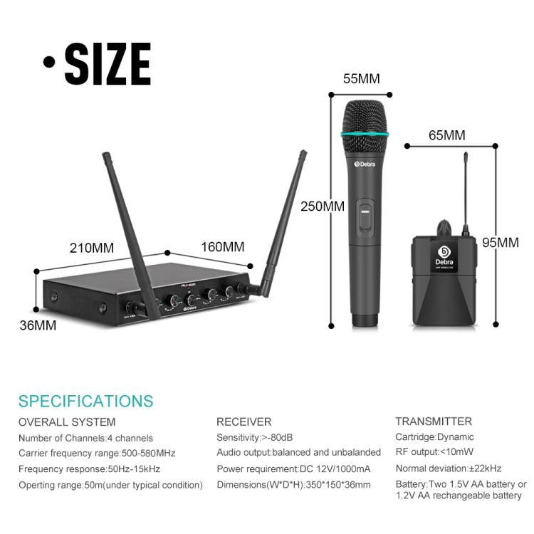DEBRA AU-400 UHF Wireless Microphone System 4-in-1 for Performance Conference KTV