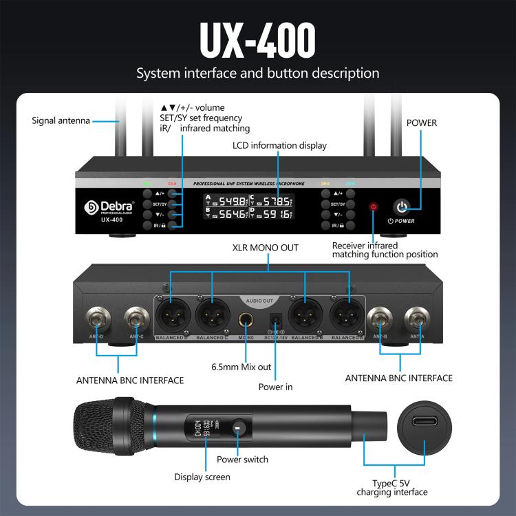 DEBRA UX-400 UHF Wireless Rechargeable Microphone System 4-in-1
