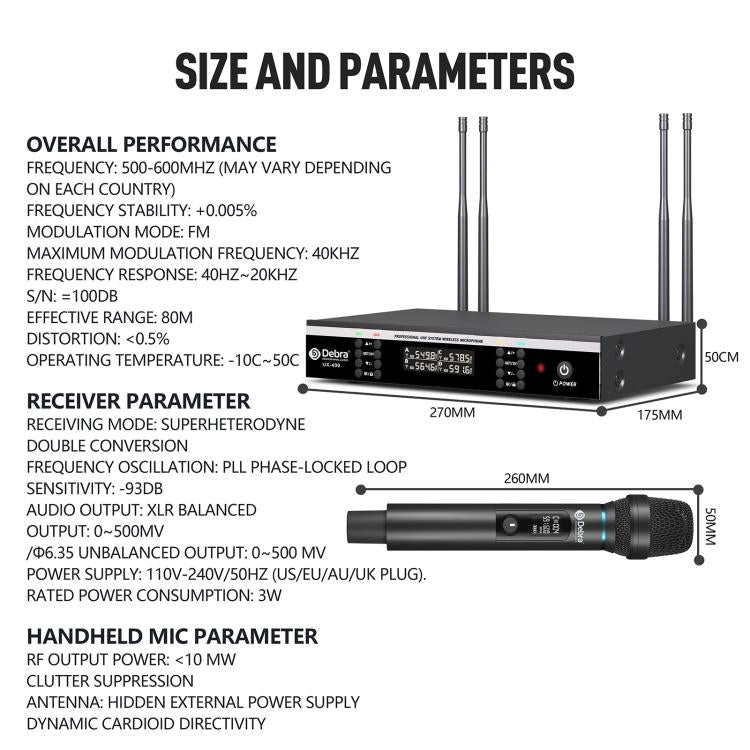 DEBRA UX-400 UHF Wireless Rechargeable Microphone System 4-in-1