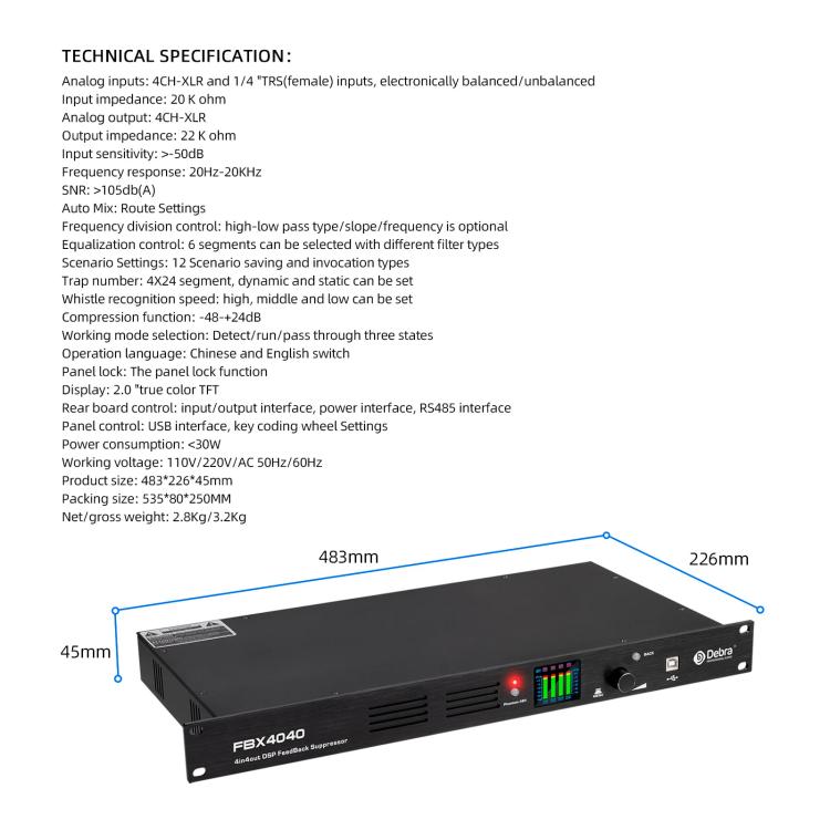 DEBRA FBX4040 DSP Feedback Suppressor Microphone Anti-howling Audio Processor