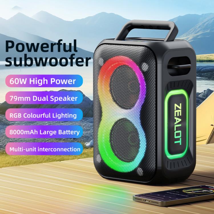 Zealot PT02 60W Portable Outdoor RGB Colorful Light Stereo Bluetooth Speaker