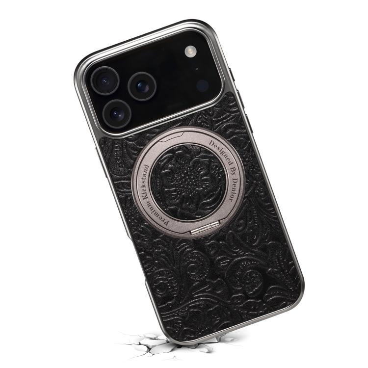 Denior A23 Retro Flower Texture Magnetic Holder Electroplating Genuine Leather Phone Case