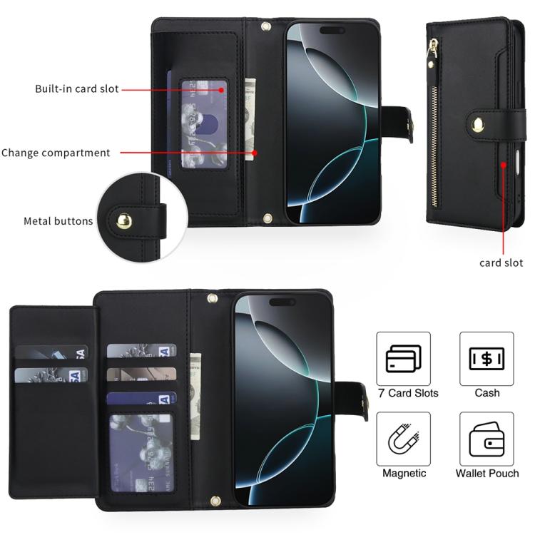 Seven Card Slots Zipper Wallet Leather Phone Case with Lanyard