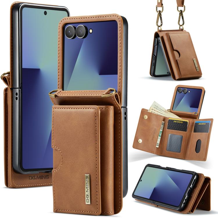 DG.MING M6 Series RFID Tri-fold Card Bag Removable Leather Phone Case with Long Lanyard, For Galaxy Z Flip8 5G, For Samsung Galaxy Z Flip7 FE / Flip6, For Samsung Galaxy Z Flip7 5G