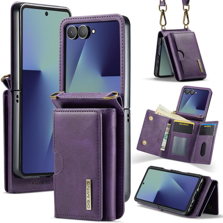 DG.MING M6 Series RFID Tri-fold Card Bag Removable Leather Phone Case with Long Lanyard, For Galaxy Z Flip8 5G, For Samsung Galaxy Z Flip7 FE / Flip6, For Samsung Galaxy Z Flip7 5G