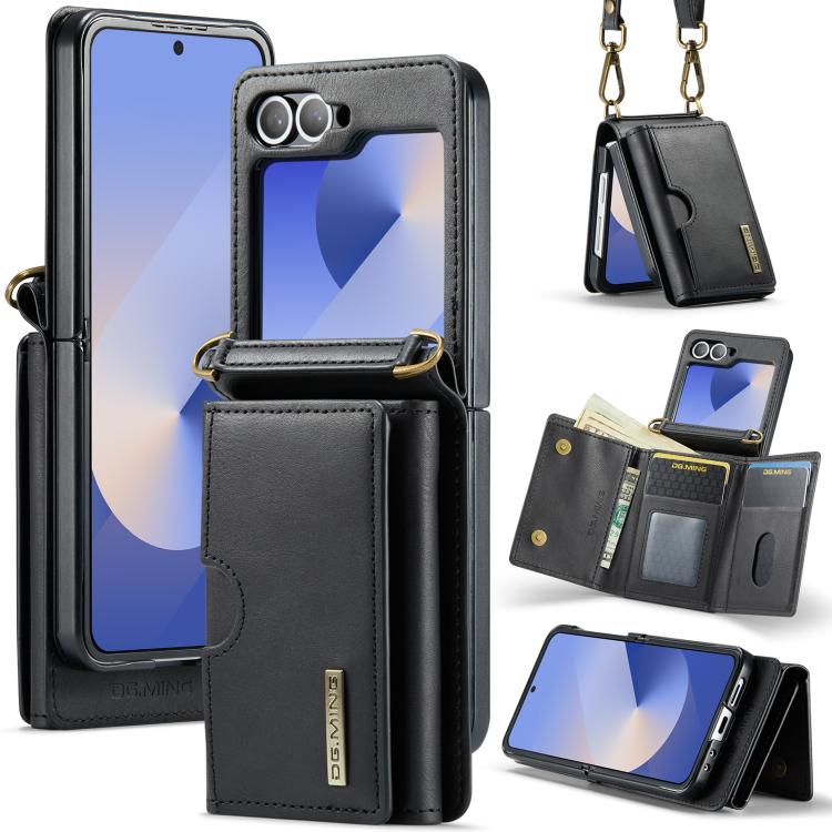 DG.MING M6 Series RFID Tri-fold Card Bag Removable Leather Phone Case with Long Lanyard, For Galaxy Z Flip8 5G, For Samsung Galaxy Z Flip7 FE / Flip6, For Samsung Galaxy Z Flip7 5G