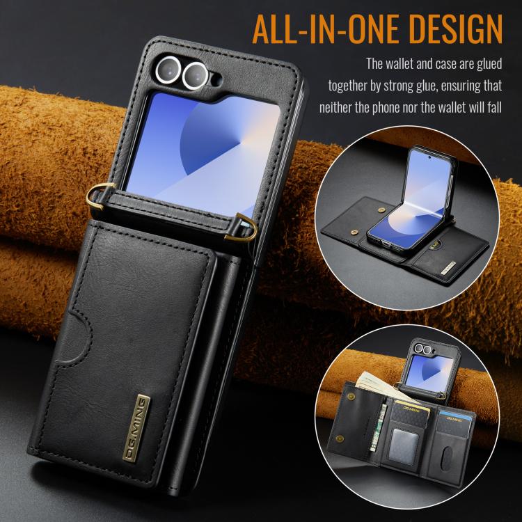 DG.MING M6 Series RFID Tri-fold Card Bag Removable Leather Phone Case with Long Lanyard