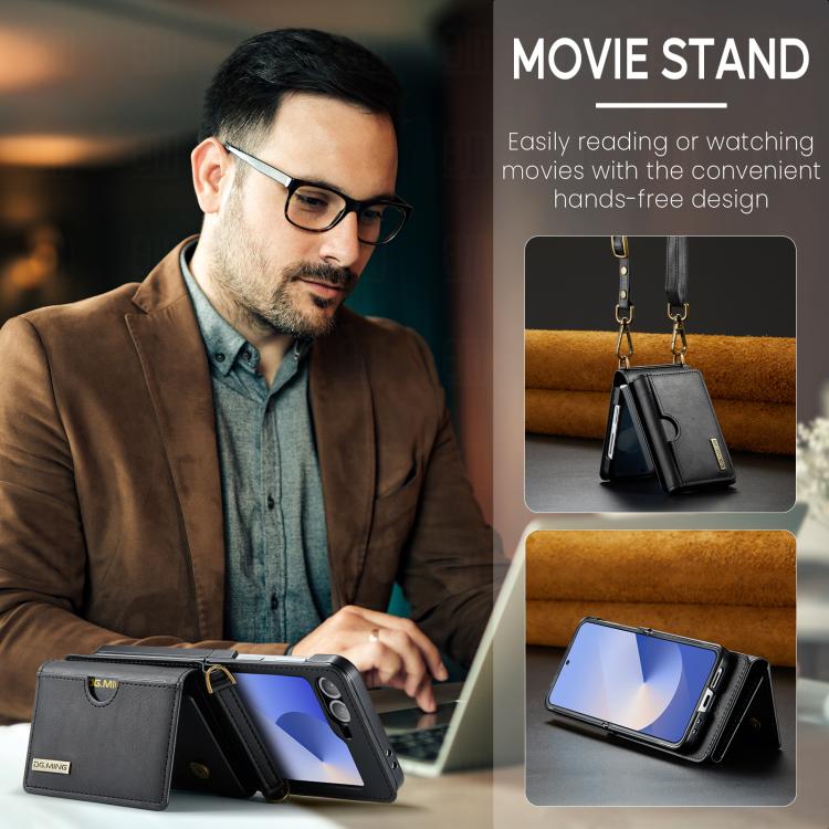 DG.MING M6 Series RFID Tri-fold Card Bag Removable Leather Phone Case with Long Lanyard