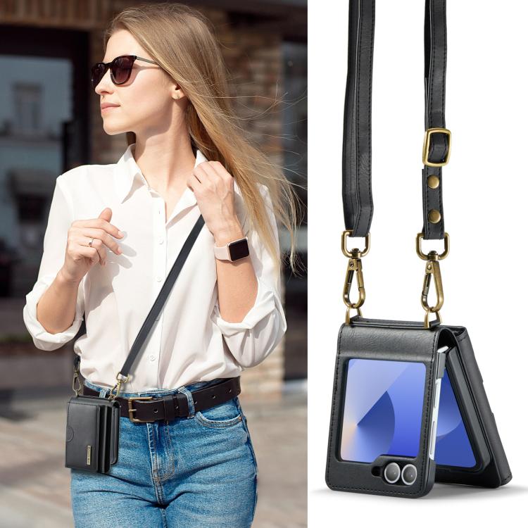 DG.MING M6 Series RFID Tri-fold Card Bag Removable Leather Phone Case with Long Lanyard