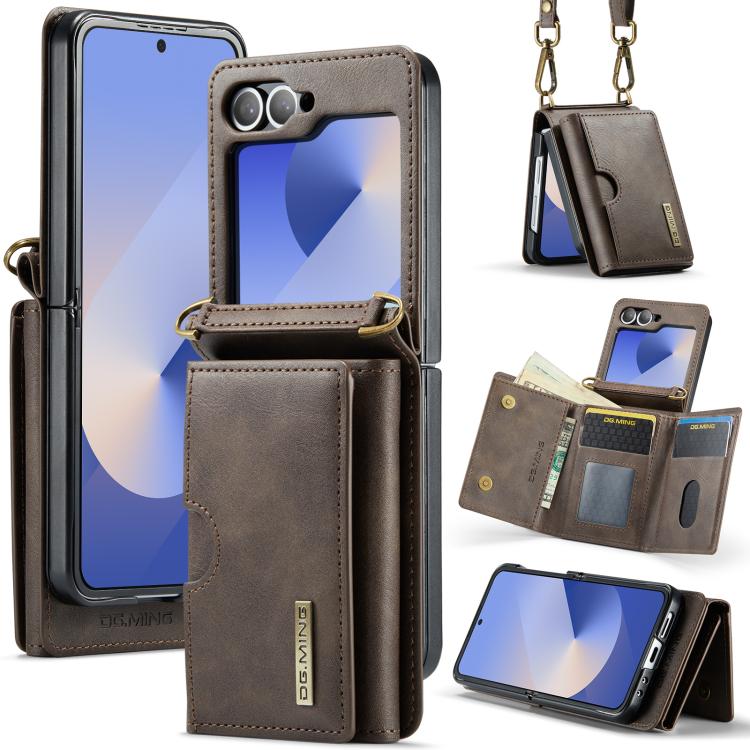 DG.MING M6 Series RFID Tri-fold Card Bag Removable Leather Phone Case with Long Lanyard, For Galaxy Z Flip8 5G, For Samsung Galaxy Z Flip7 FE / Flip6, For Samsung Galaxy Z Flip7 5G