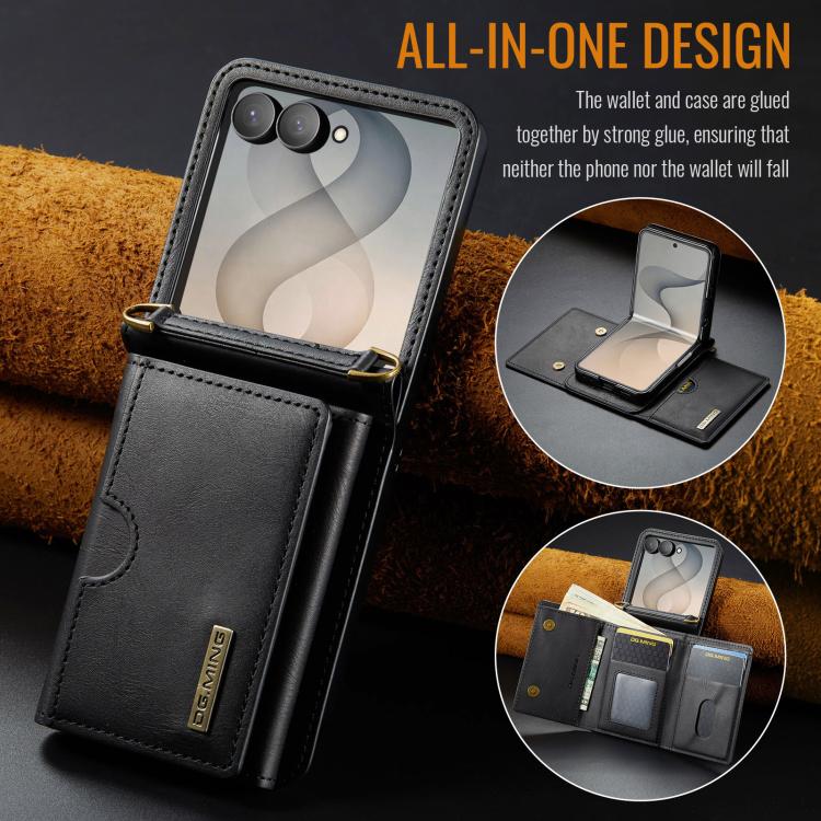 DG.MING M6 Series RFID Tri-fold Card Bag Removable Leather Phone Case with Long Lanyard, For Galaxy Z Flip8 5G, For Samsung Galaxy Z Flip7 FE / Flip6, For Samsung Galaxy Z Flip7 5G