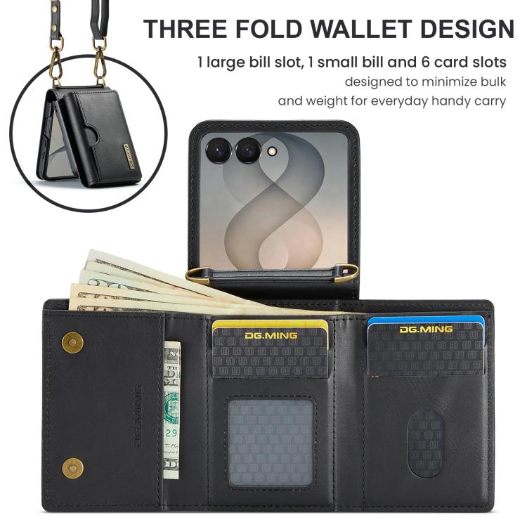 DG.MING M6 Series RFID Tri-fold Card Bag Removable Leather Phone Case with Long Lanyard, For Galaxy Z Flip8 5G, For Samsung Galaxy Z Flip7 FE / Flip6, For Samsung Galaxy Z Flip7 5G