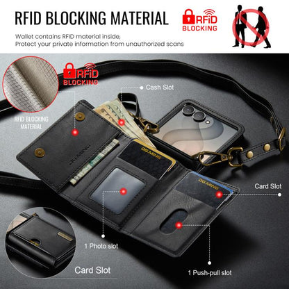 DG.MING M6 Series RFID Tri-fold Card Bag Removable Leather Phone Case with Long Lanyard, For Galaxy Z Flip8 5G, For Samsung Galaxy Z Flip7 FE / Flip6, For Samsung Galaxy Z Flip7 5G