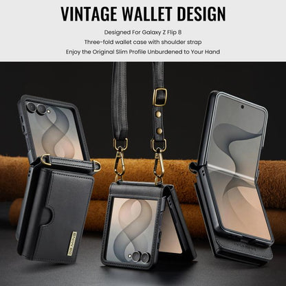DG.MING M6 Series RFID Tri-fold Card Bag Removable Leather Phone Case with Long Lanyard, For Galaxy Z Flip8 5G, For Samsung Galaxy Z Flip7 FE / Flip6, For Samsung Galaxy Z Flip7 5G