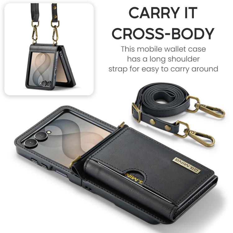 DG.MING M6 Series RFID Tri-fold Card Bag Removable Leather Phone Case with Long Lanyard, For Galaxy Z Flip8 5G, For Samsung Galaxy Z Flip7 FE / Flip6, For Samsung Galaxy Z Flip7 5G