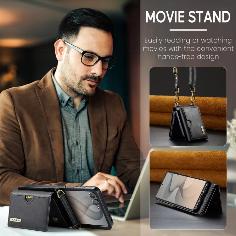 DG.MING M6 Series RFID Tri-fold Card Bag Removable Leather Phone Case with Long Lanyard, For Galaxy Z Flip8 5G, For Samsung Galaxy Z Flip7 FE / Flip6, For Samsung Galaxy Z Flip7 5G
