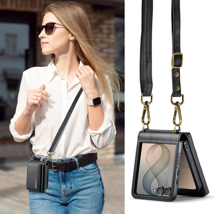 DG.MING M6 Series RFID Tri-fold Card Bag Removable Leather Phone Case with Long Lanyard, For Galaxy Z Flip8 5G, For Samsung Galaxy Z Flip7 FE / Flip6, For Samsung Galaxy Z Flip7 5G