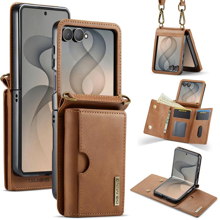 DG.MING M6 Series RFID Tri-fold Card Bag Removable Leather Phone Case with Long Lanyard, For Galaxy Z Flip8 5G, For Samsung Galaxy Z Flip7 FE / Flip6, For Samsung Galaxy Z Flip7 5G