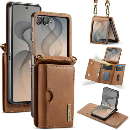 DG.MING M6 Series RFID Tri-fold Card Bag Removable Leather Phone Case with Long Lanyard, For Galaxy Z Flip8 5G, For Samsung Galaxy Z Flip7 FE / Flip6, For Samsung Galaxy Z Flip7 5G