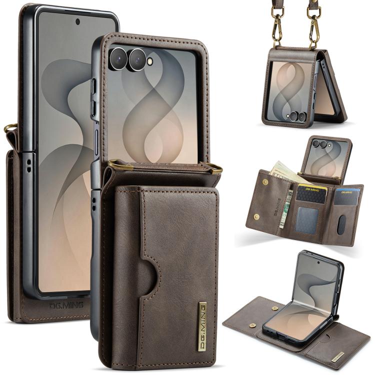 DG.MING M6 Series RFID Tri-fold Card Bag Removable Leather Phone Case with Long Lanyard, For Galaxy Z Flip8 5G, For Samsung Galaxy Z Flip7 FE / Flip6, For Samsung Galaxy Z Flip7 5G