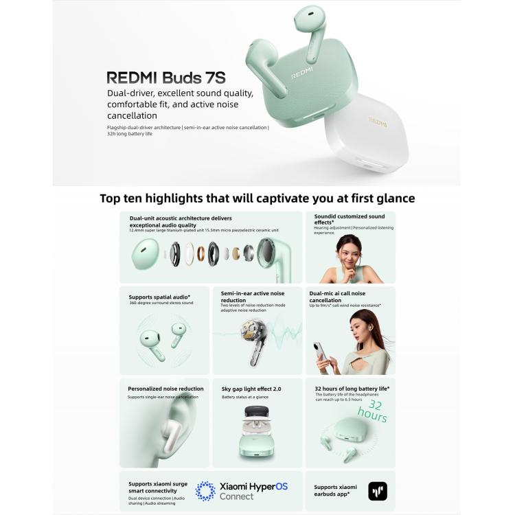 Original Xiaomi REDMI Buds 7S Semi-in-Ear Active Noise Cancelling Bluetooth Earphone