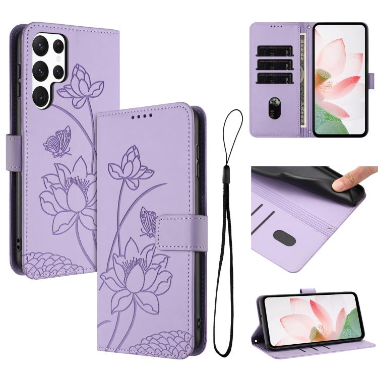 Lotus Embossed Leather Phone Case with Lanyard, For Samsung Galaxy S22 Ultra 5G, For Samsung Galaxy S22+ 5G, For Samsung Galaxy S22 5G, For Samsung Galaxy S21 FE 5G, For Samsung Galaxy S21 5G, For Samsung Galaxy S21+ 5G, For Samsung Galaxy S21 Ultra 5G