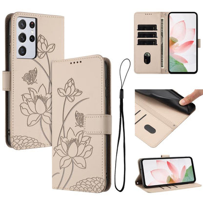 Lotus Embossed Leather Phone Case with Lanyard, For Samsung Galaxy S22 Ultra 5G, For Samsung Galaxy S22+ 5G, For Samsung Galaxy S22 5G, For Samsung Galaxy S21 FE 5G, For Samsung Galaxy S21 5G, For Samsung Galaxy S21+ 5G, For Samsung Galaxy S21 Ultra 5G