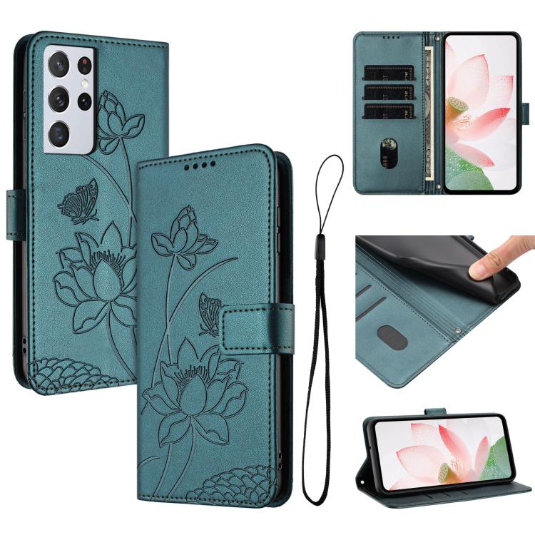 Lotus Embossed Leather Phone Case with Lanyard, For Samsung Galaxy S22 Ultra 5G, For Samsung Galaxy S22+ 5G, For Samsung Galaxy S22 5G, For Samsung Galaxy S21 FE 5G, For Samsung Galaxy S21 5G, For Samsung Galaxy S21+ 5G, For Samsung Galaxy S21 Ultra 5G