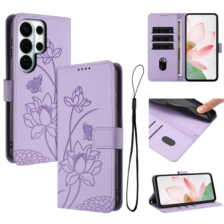 Lotus Embossed Leather Phone Case with Lanyard, For Galaxy S26 FE 5G, For Samsung Galaxy S26+ 5G, For Samsung Galaxy S26 Ultra 5G, For Samsung Galaxy S26 5G, For Samsung Galaxy S25 FE 5G, For Samsung Galaxy S25 Edge 5G, For Samsung Galaxy S25 / S24 5G ...