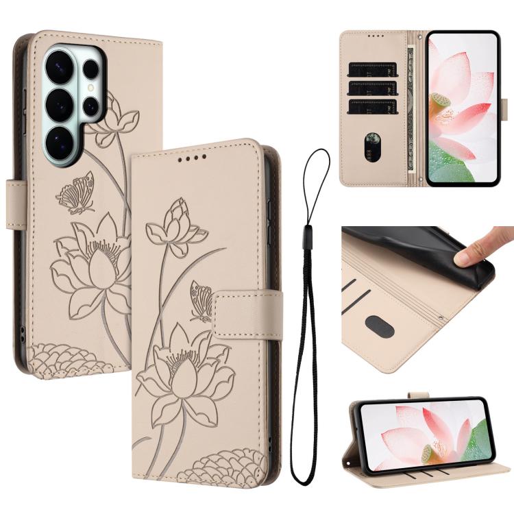 Lotus Embossed Leather Phone Case with Lanyard, For Galaxy S26 FE 5G, For Samsung Galaxy S26+ 5G, For Samsung Galaxy S26 Ultra 5G, For Samsung Galaxy S26 5G, For Samsung Galaxy S25 FE 5G, For Samsung Galaxy S25 Edge 5G, For Samsung Galaxy S25 / S24 5G ...