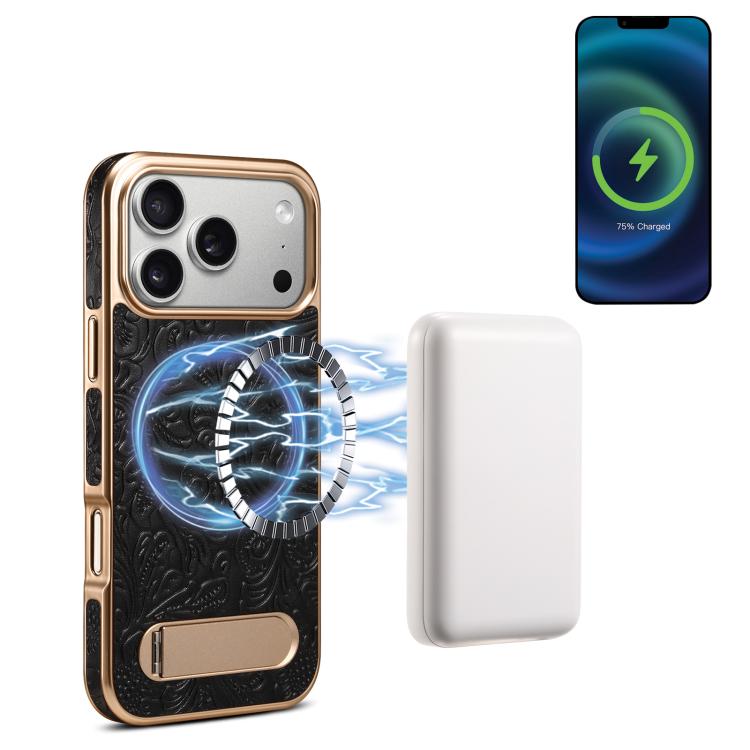 Denior A25 Retro Flower Texture MagSafe Genuine Leather Phone Case with Holder