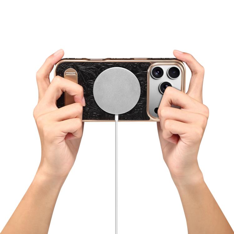 Denior A25 Retro Flower Texture MagSafe Genuine Leather Phone Case with Holder