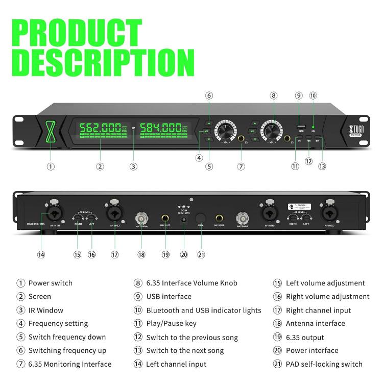 XTUGA RW2090 Professional Stage Wireless 2 Channel In Ear Monitoring System 4 in 1